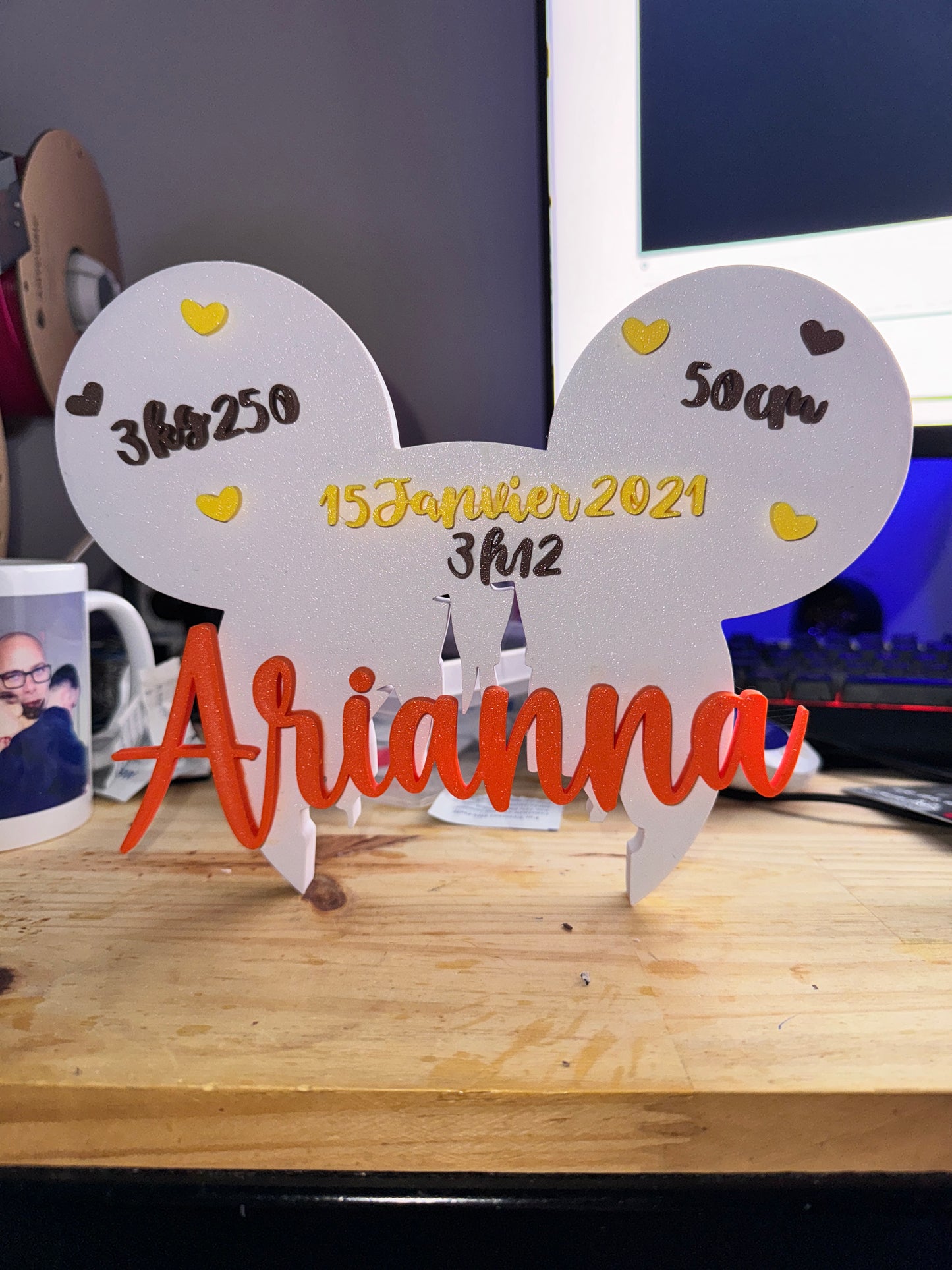 Plaque de Naissance Personnalisée - Design Oreilles Magiques | Prénom & Détails Bébé | Création 3D | LumiLab