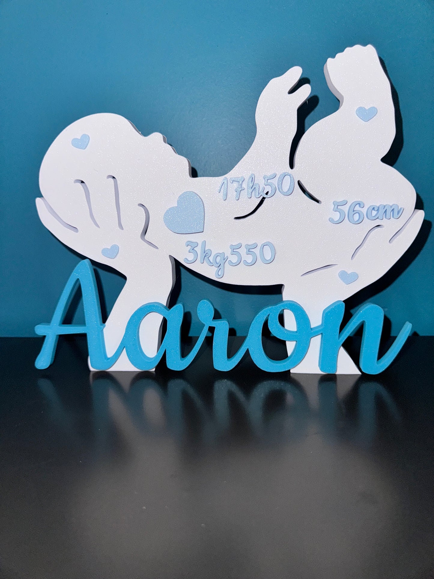 Cadeau de baby shower personnalisable, prénom et infos naissance en 3D.

