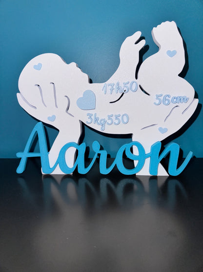 Cadeau de baby shower personnalisable, prénom et infos naissance en 3D.

